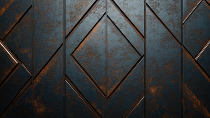 Textured metallic wall with geometric patterns and rust accents, showcasing modern industrial design. interplay of light and shadow enhances its visual appeal