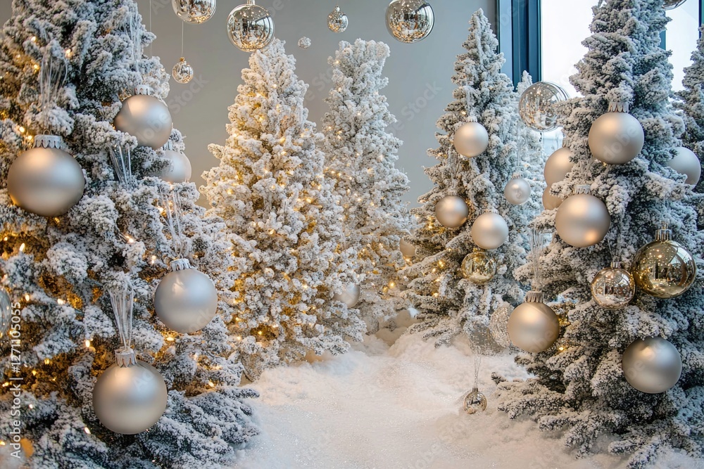 Poster A group of Christmas trees decorated with lights and ornaments, surrounded by snow