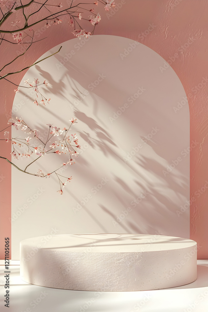 Poster elegant minimalist display featuring a soft pink background with blooming branches casting shadows