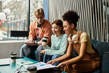 Colleagues collaborate on business strategies during a hotel trip in a cozy lounge