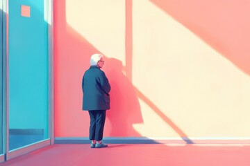 Elderly Person Standing Against Colorful Wall with Geometric Shadows