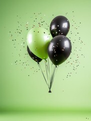 Colorful balloons with confetti floating against a green background