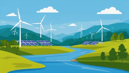 Sustainable energy landscape with windmills and solar panels