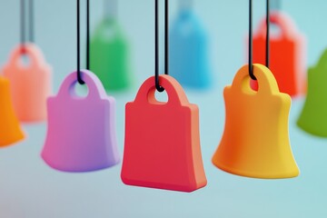 Set of assorted bells hanging from wires against a blue background.