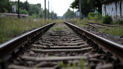 Closeup view of abandoned railway tracks surrounded by overgrown grass and weeds : Generative AI