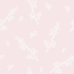 Abstract outlined twigs, floral blooms, branches seamless pattern.