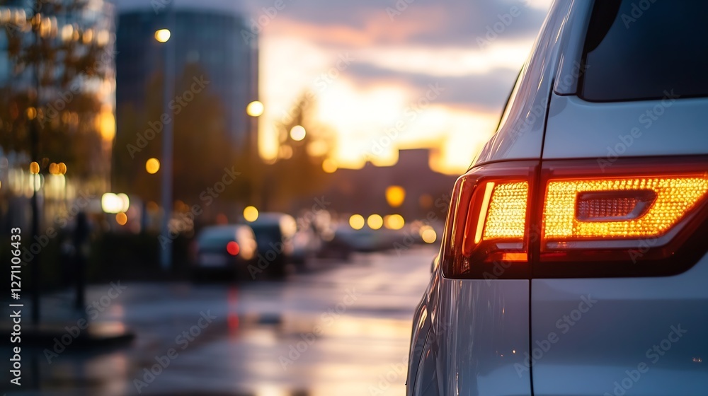 Poster rear view of a modern white car at dusk with city lights and a colorful sunset background : generati
