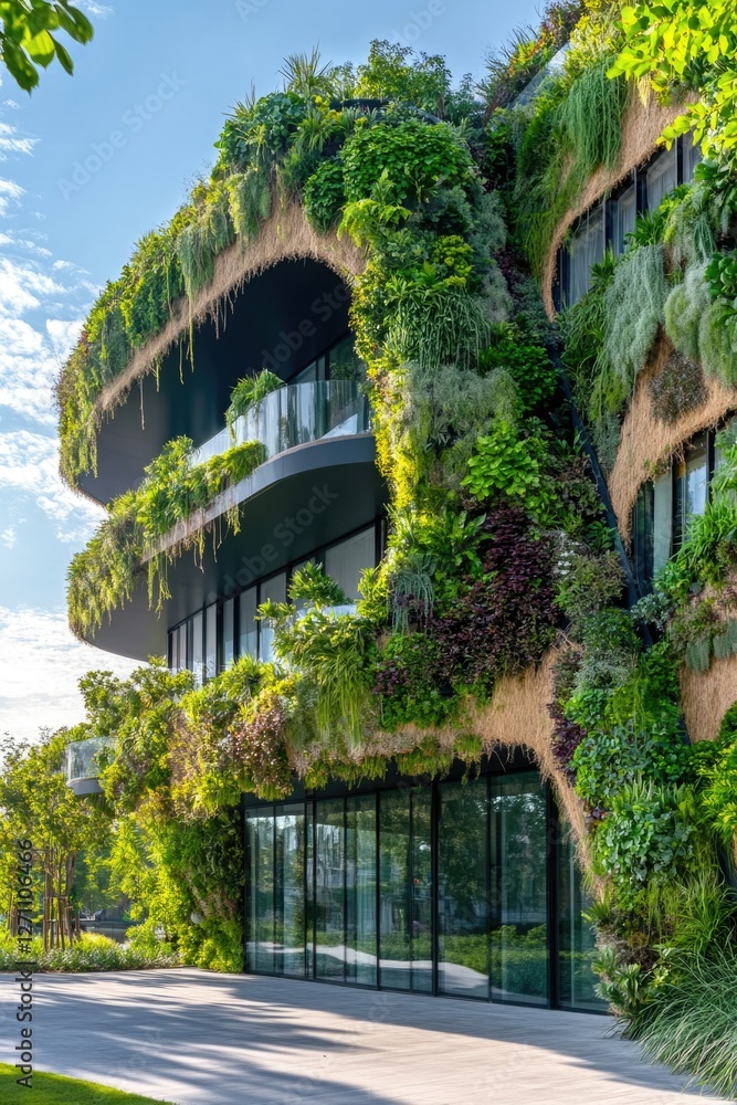 Poster a building with vines and foliage growing out of its sides, nature reclaiming urban space