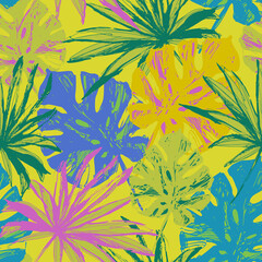 Fototapeta premium Colorful tropical leaves seamless pattern. Summer palm leaf background.