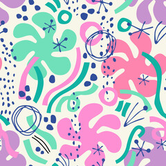 Abstract minimal lines, circles, doodles, squiggles seamless pattern.