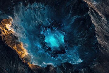 A deep crater filled with lava. An extreme geological formation under scientific study.