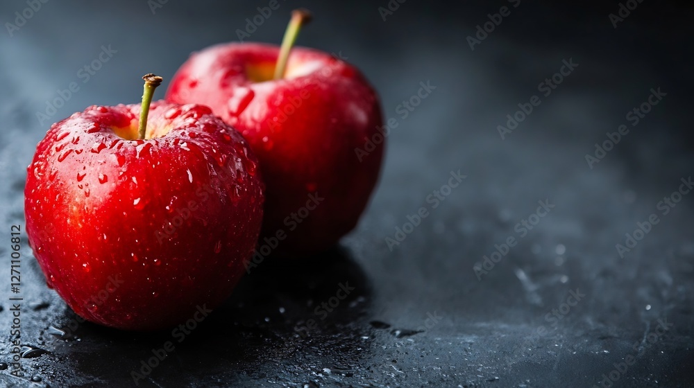 Poster fresh and juicy red apples with water droplets on a dark stone surface highlighting their vibrant co
