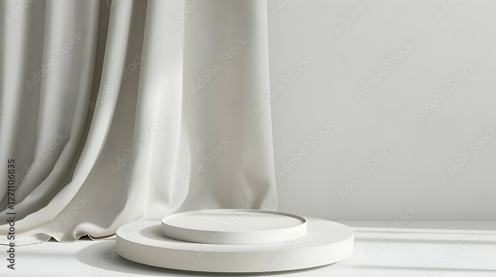 Poster minimalist display with a circular platform and soft draped curtain in a bright interior setting