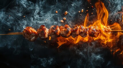 Smoky Grilled Meat Skewers BBQ - Delicious grilled meat skewers, smoky flavor, flames grilling, summer BBQ, perfect meal. Symbolizing: summer fun, grilling expertise, tasty food, outdoor cooking