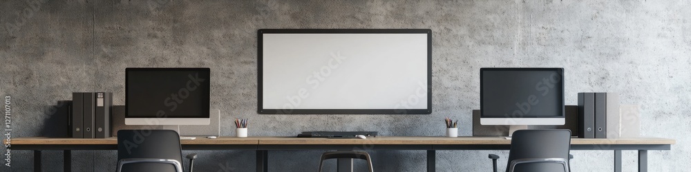Poster a desk with two monitors and a computer, ideal for office use