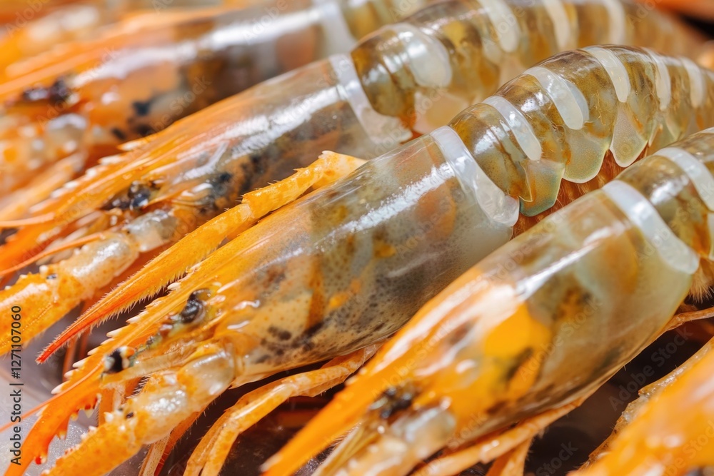 Sticker Close-up of cooked shrimp on a plate, suitable for food photography and advertising