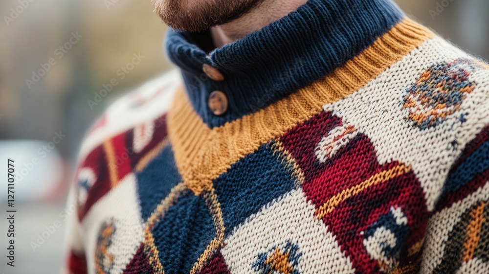 Poster combination of argyle patterns and modern textures in men's sweaters.