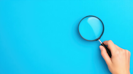 hand holding magnifying glass against blue background, symbolizing exploration and discovery. image conveys curiosity and attention to detail