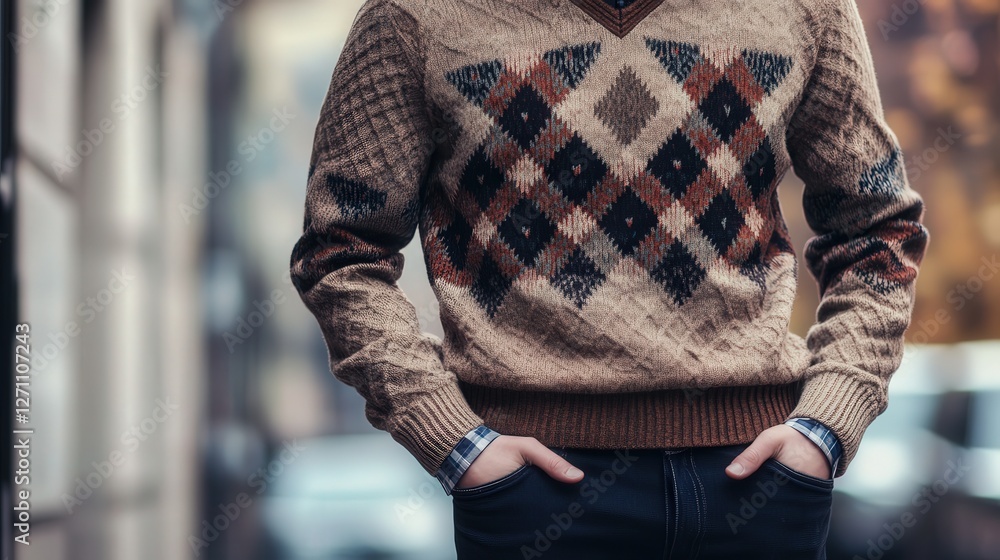Poster combination of argyle patterns and modern textures in men's sweaters.