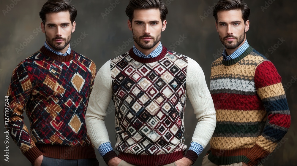Poster combination of argyle patterns and modern textures in men's sweaters.