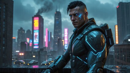 Naklejka premium Cybernetic warrior stands on a rainy rooftop overlooking a futuristic city at dusk
