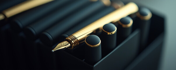 Obraz premium Collection of identical black pens in a sleek holder with a gold accented pen on top