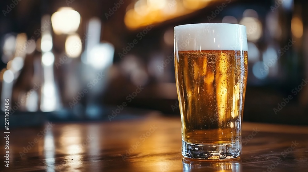Poster refreshing glass of beer filled with bubbles and a frothy top on a wooden bar : generative ai