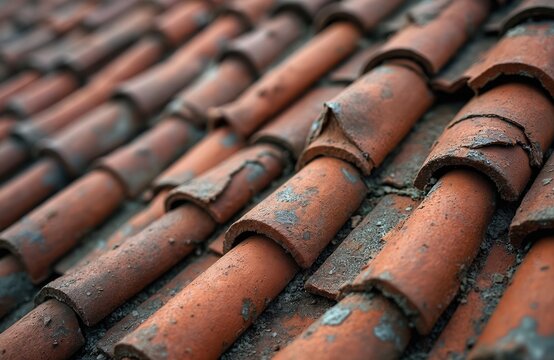 Closeup of weathered rusty red tiles on old roof. Medieval building textured roof abstract pattern. Grunge architecture ornament, terracotta structure material of solid surface.