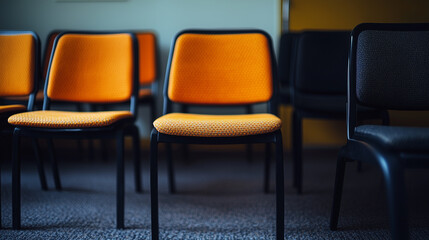 Obraz premium Unique orange chair stands out among identical black chairs in a minimalist setting