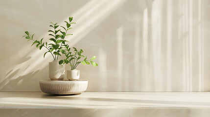 Minimalist interior with potted plants on a light-colored surface, soft sunlight casting shadows