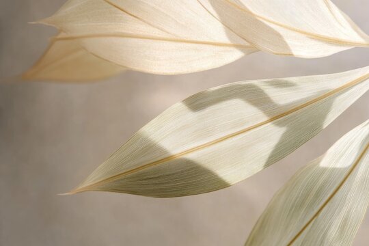 Dried leaves delicately arranged, casting soft shadows, creating a minimalist, elegant aesthetic.