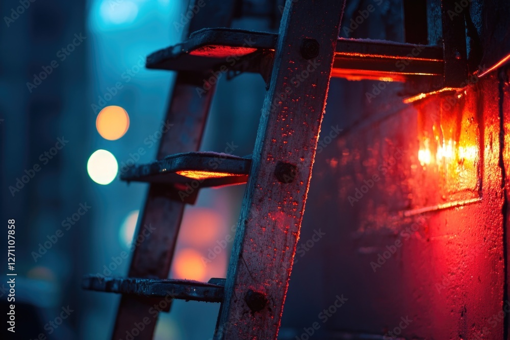 Poster A close-up view of a ladder with a single red light on it, possibly used as a warning or safety indicator
