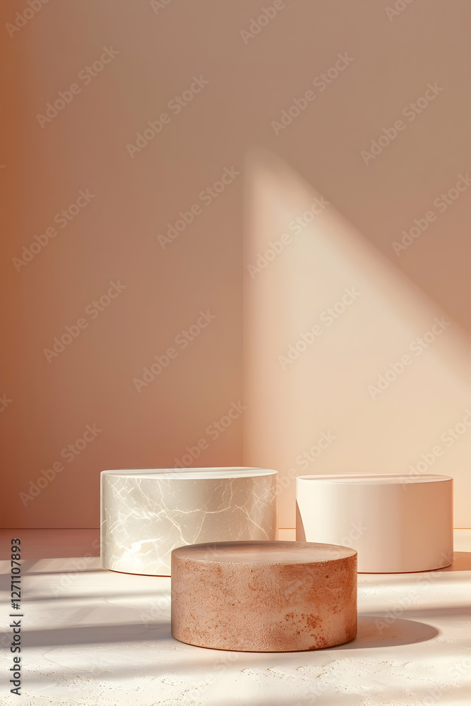 Poster three elegant display pedestals in soft pastel tones casting shadows in a serene, minimalistic setti