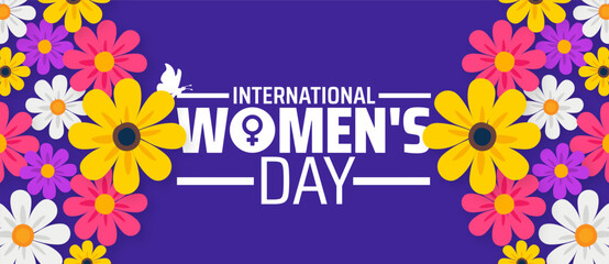 International Women's Day background banner or poster design template with women icon and flower. observed every year in March. Holiday concept. Use to any Template, card, poster, placard, template.
