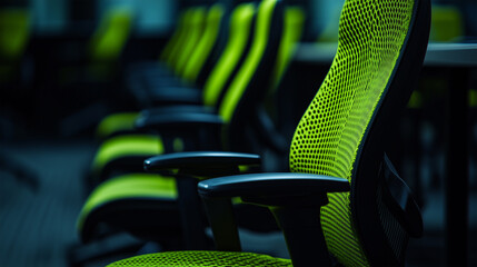 Lineup of unique black office chairs with striking green mesh design in modern workspace