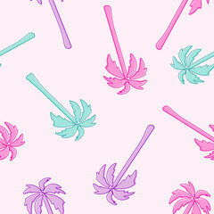 Seamless pastel palm tree pattern with pink, purple, and turquoise elements on a light background, creating a tropical and trendy aesthetic
