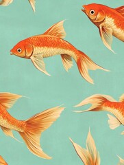 An illustration of several goldfish swimming in a patterned aquarium.