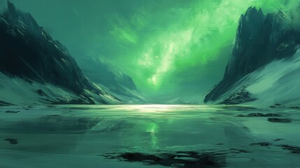 Fototapeta premium frozen lake under a green aurora, with shimmering reflections on the icy surface.