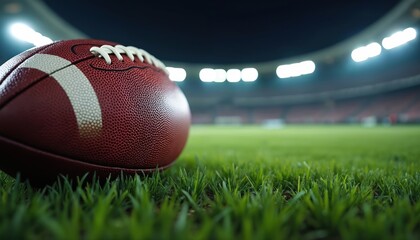 Close-up of leather American football on field grass at night stadium spotlights. American football ball for sports, college championship games, athletics, pro league, night training. Touchdown