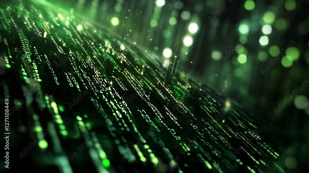 Poster Abstract digital background featuring vibrant green lights and cascading data patterns : Generative AI