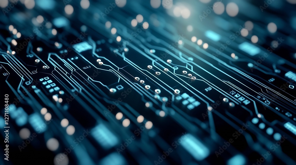 Fototapete Intricate Circuit Board Background with Glowing Lines and Dots in Futuristic Technology Setting : Generative AI