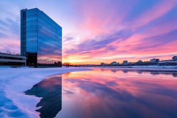 Fototapeta premium Modern Glass Skyscraper Sunset Reflection - A modern glass skyscraper reflects a vibrant sunset over a calm river, symbolizing progress, tranquility, beauty, reflection, and urban development
