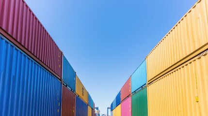 Fototapeta premium Colorful shipping containers stacked in a port terminal under a clear blue sky.