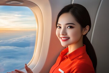 Smiling Flight Attendant by Airplane Window with Scenic View