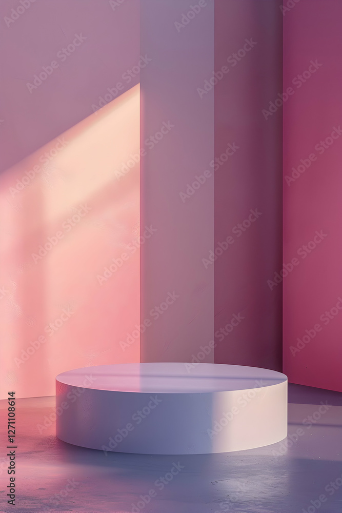 Poster minimalist stage setup with soft pink lighting, creating a serene atmosphere for presentations