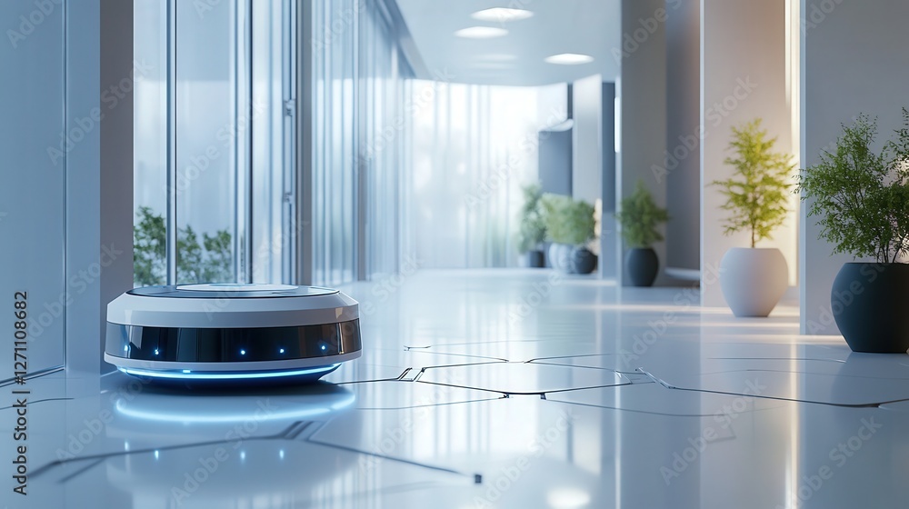 Poster self-cleaning building that uses autonomous robots and ai sensors to maintain its cleanliness and up