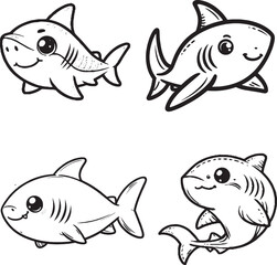 Charming Shark Illustrations - Black and White Cartoon-Style Sharks with Friendly Expressions