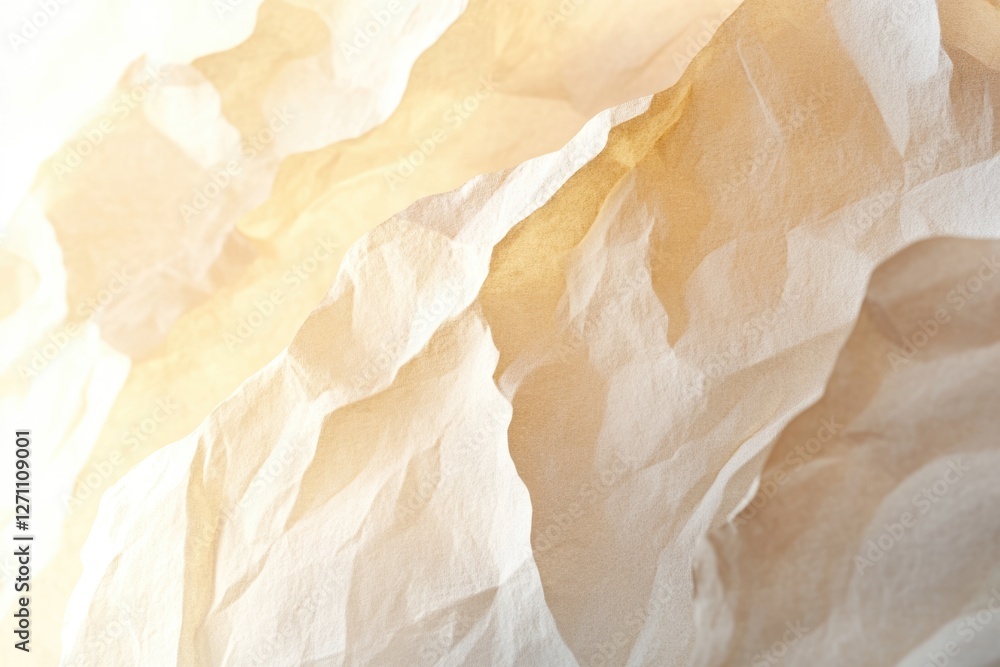 Poster abstract image of crumpled beige fabric, soft folds and light illuminating the texture.