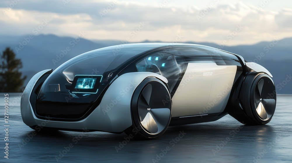 Poster self-driving car with an interactive ai assistant and holographic windshield display.