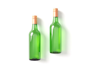 Two green glass bottles with yellow cap on white background